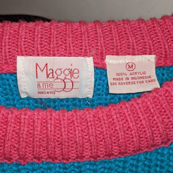 80s Hot Pink + Blue-Green Color-block Knit Sweater by Maggie & Me - Picture 3 of 4